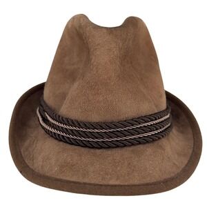 Vintage Echt Leder Vintage German Alpine Tyrolean Fedora Hat Brown Suede 57 M
